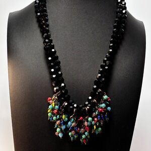 Beaded Double Strand Necklace Black Multi Color Cluster Statement Toggle Clasp